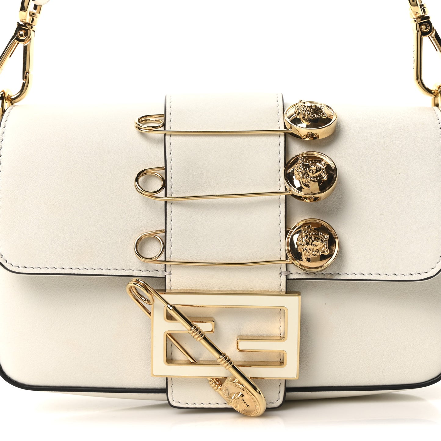 X VERSACE Vitello Seta Fendace Mini Brooch Baguette White Ice