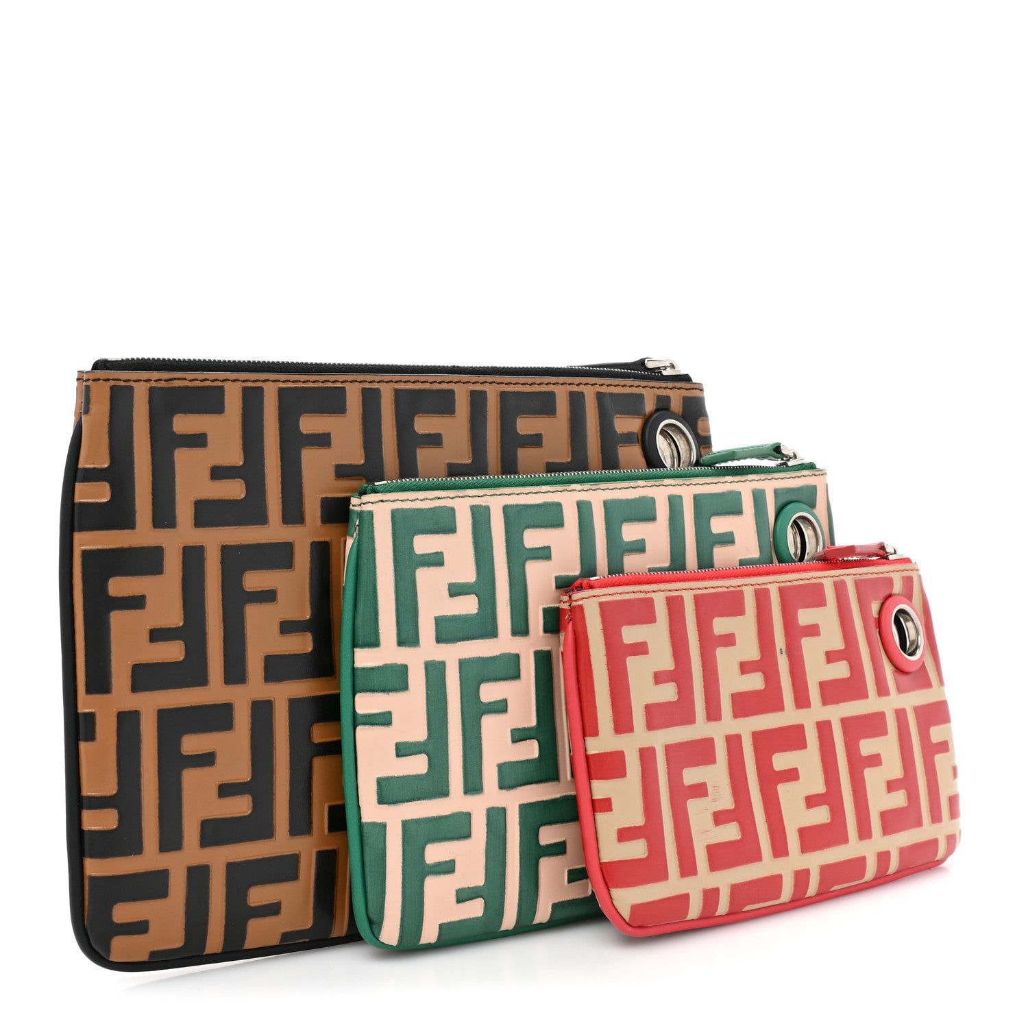 Fendi Vitello Monogram F is Fendi Bi-Color Triplette Pouch Set Brown Green Red 4 of 14