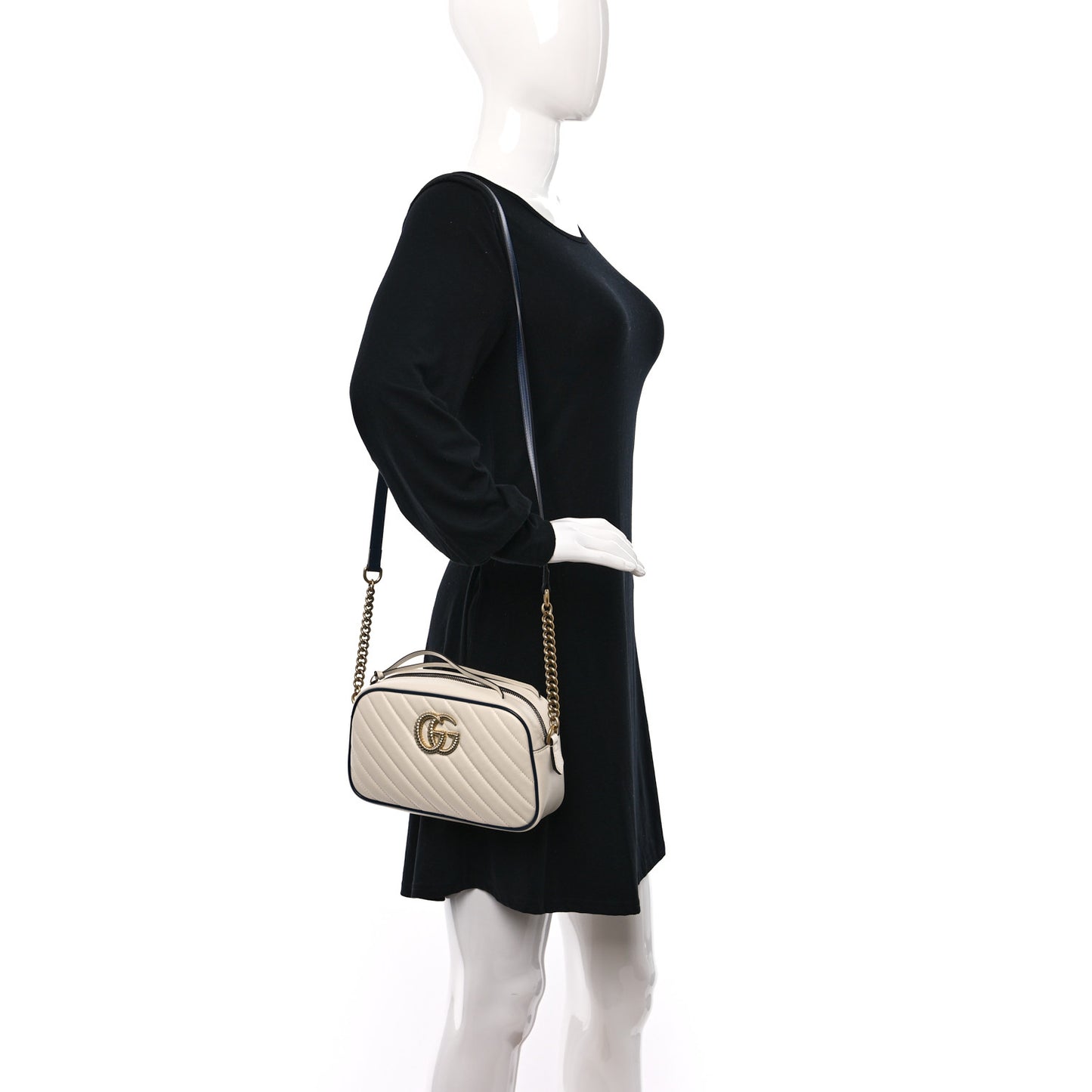 Vintage Effect Calfskin Matelasse Diagonal Small Torchon GG Marmont Chain Shoulder Bag Mystic White Blue Agata