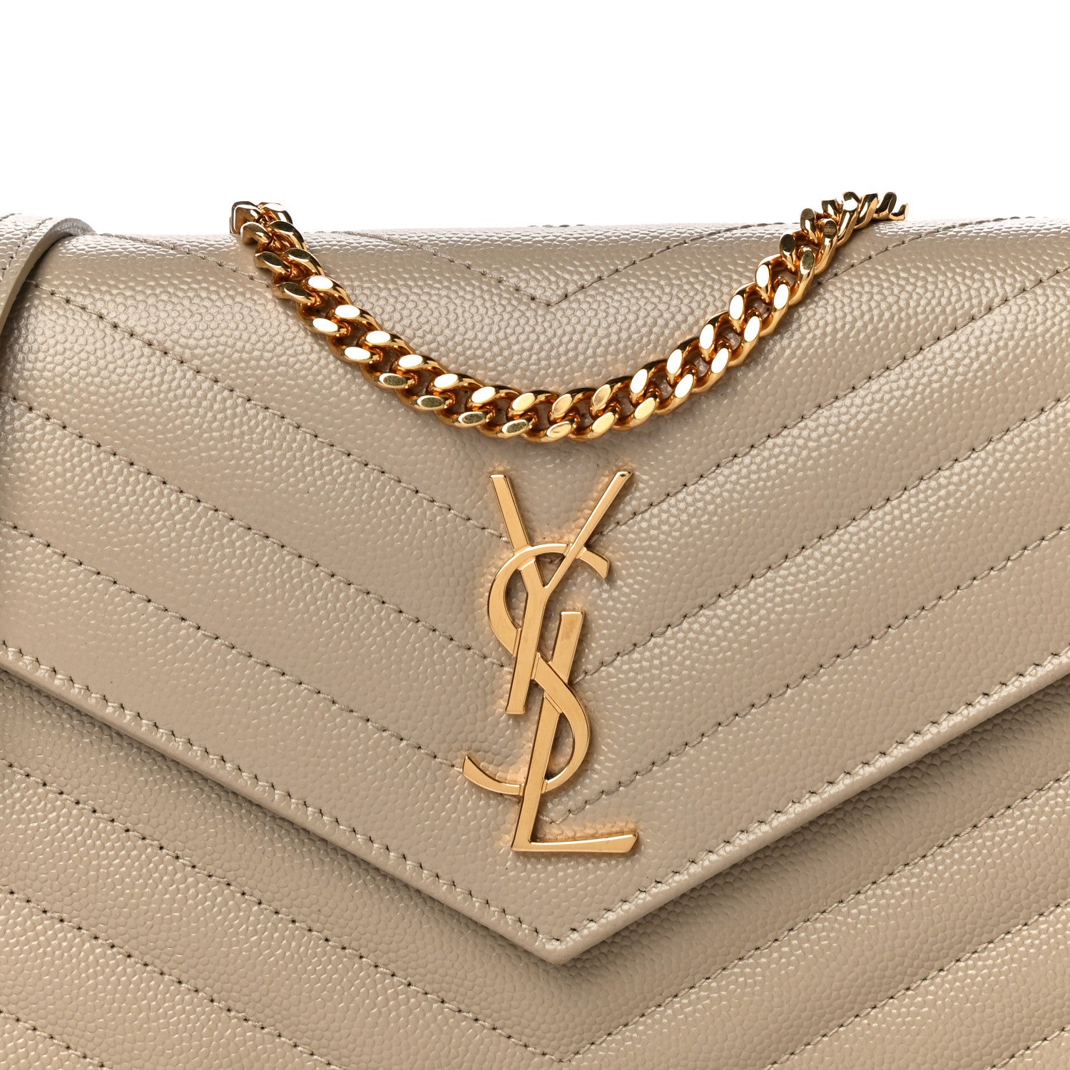 Saint Laurent Grain De Poudre Matelasse Chevron Monogram Envelope Chain Wallet Dark Beige 8 of 11