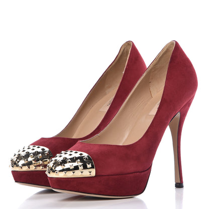 Valentino Garavani Suede Rockstud Cap Toe Platform Pumps 40 Red Gold 3 of 20