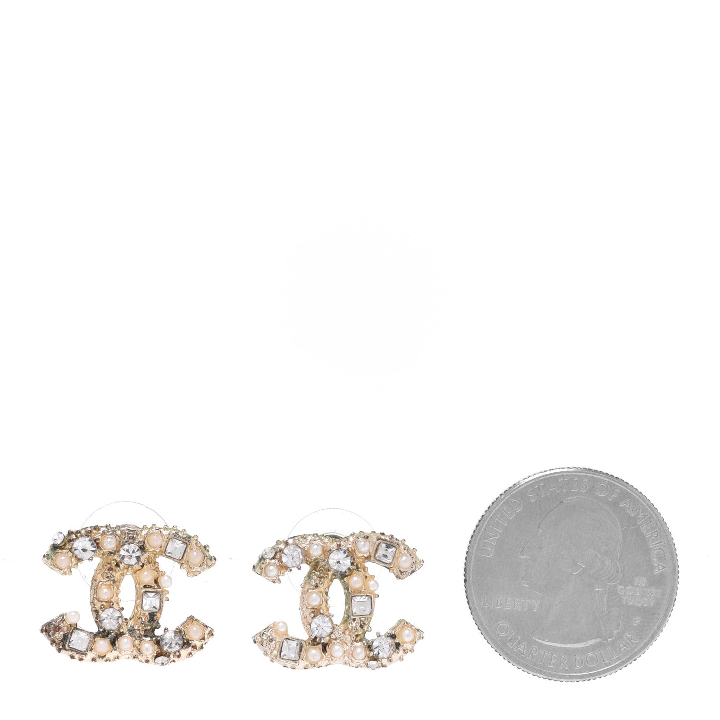Pearl Crystal Baguette CC Earrings Gold