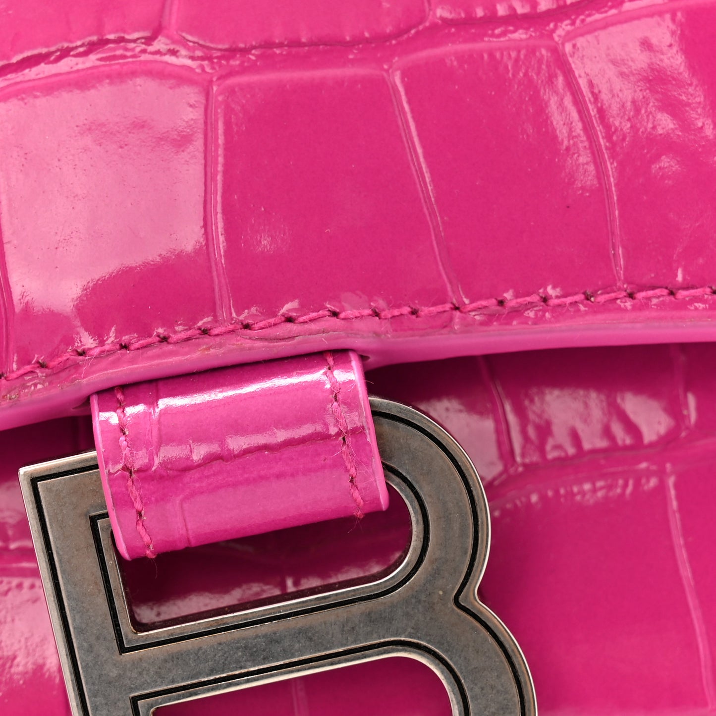 Shiny Calfskin Crocodile Embossed Hourglass Top Handle Bag XS Lipstick Pink