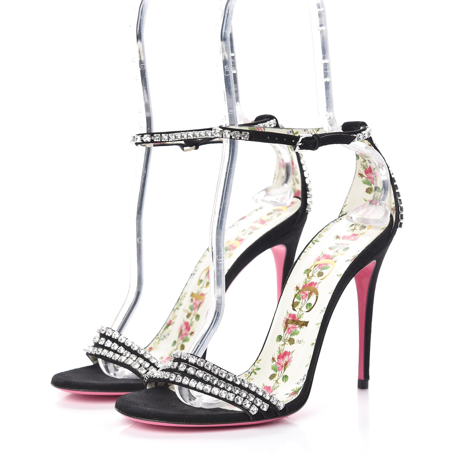 Gucci Kid Scamosciato Crystal Ankle Strap High Heel Sandals 39 Black 3 of 11