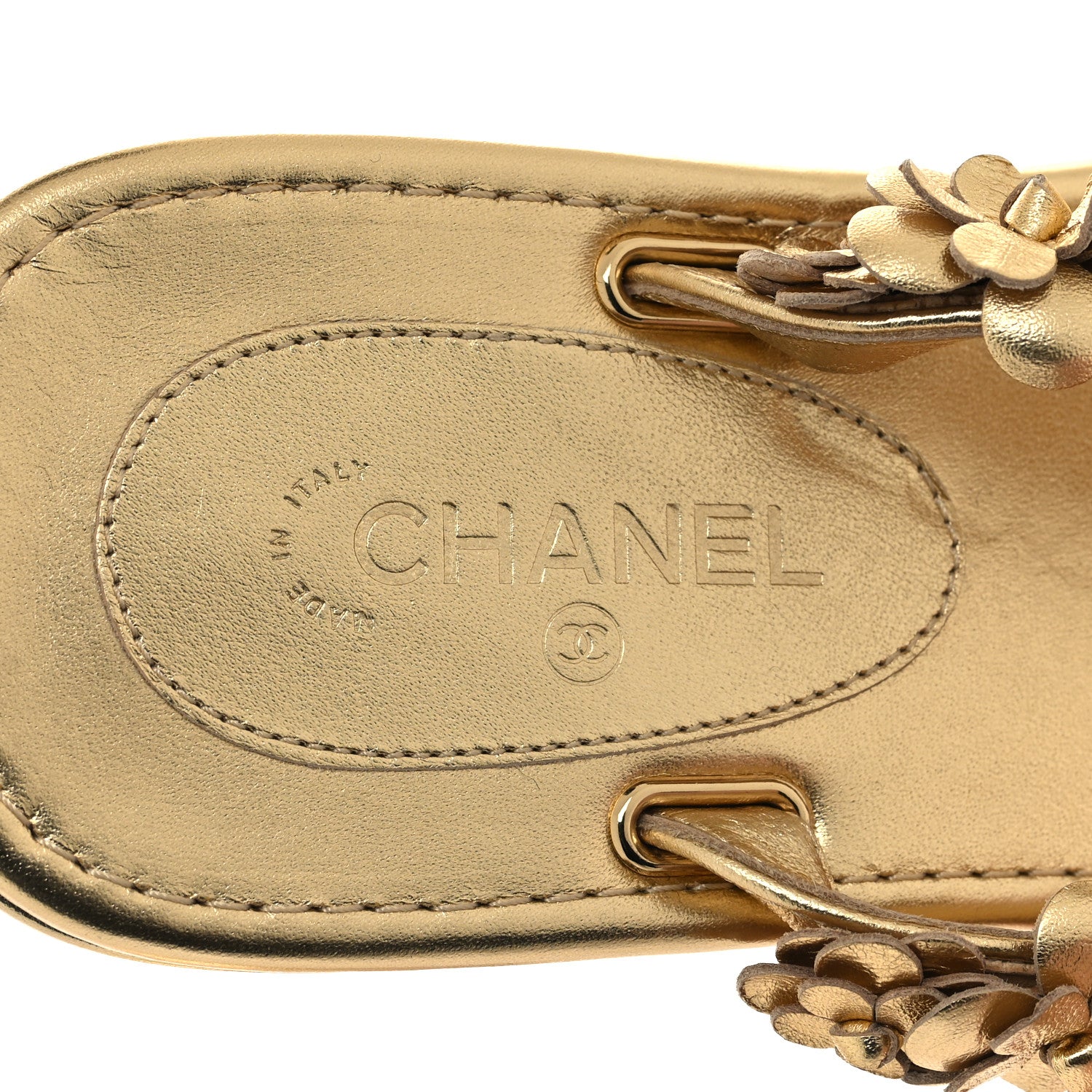 Chanel Laminated Lambskin Camellia Thong Sandals 38 Gold 8 of 8