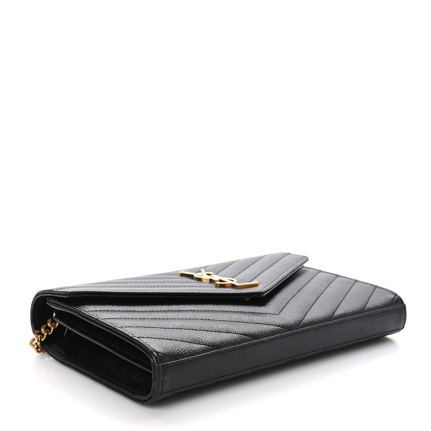Saint Laurent Grain De Poudre Matelasse Chevron Monogram Chain Wallet Black 4 of 11