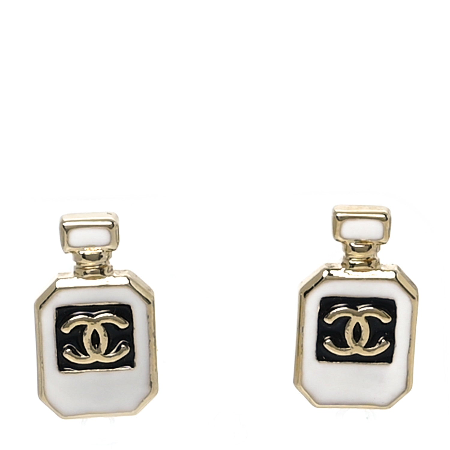 Chanel Resin CC No 5 Perfume Bottle Earrings Gold Pearly White 1 of 5