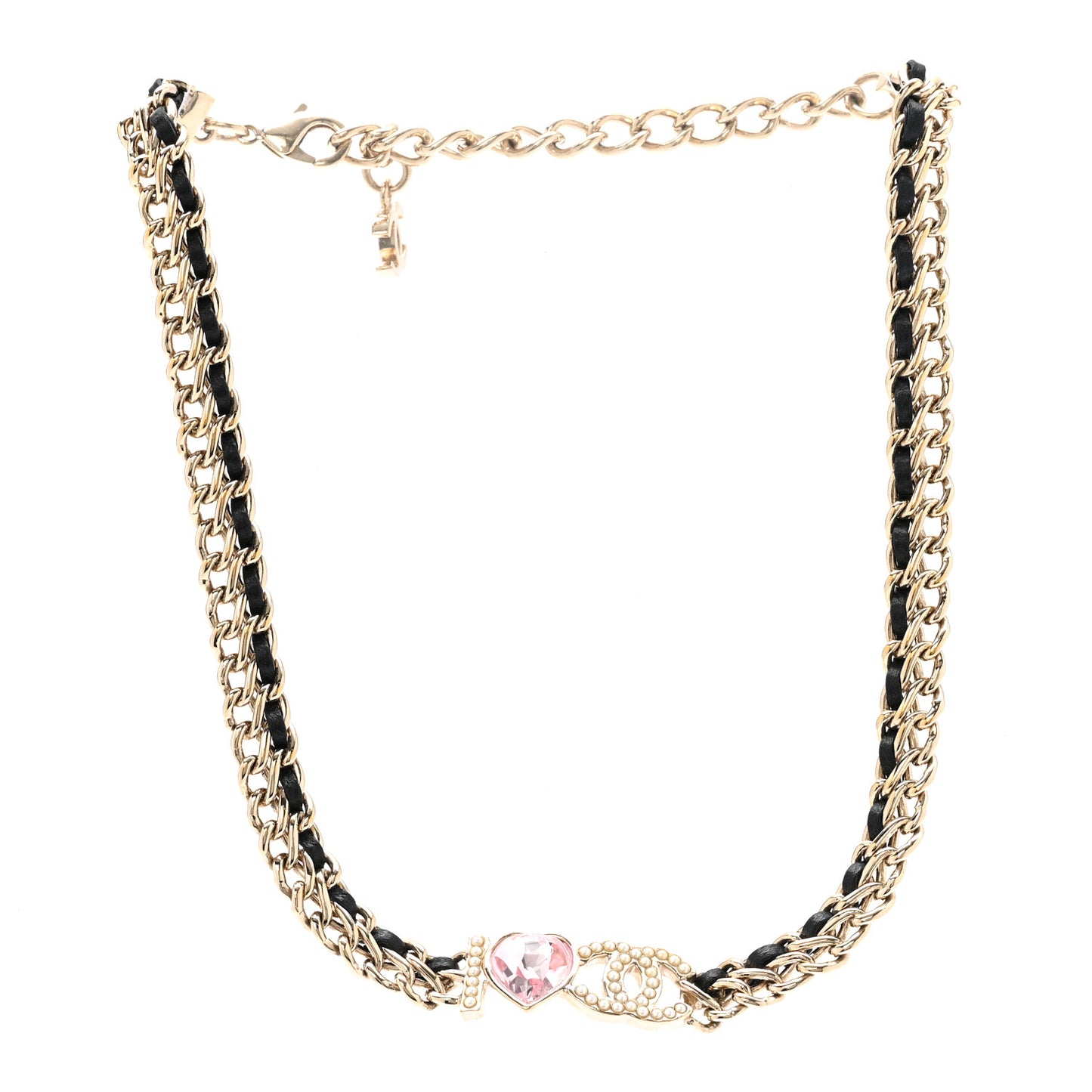 Metal Lambskin Crystal I Heart CC Choker Necklace Gold Black