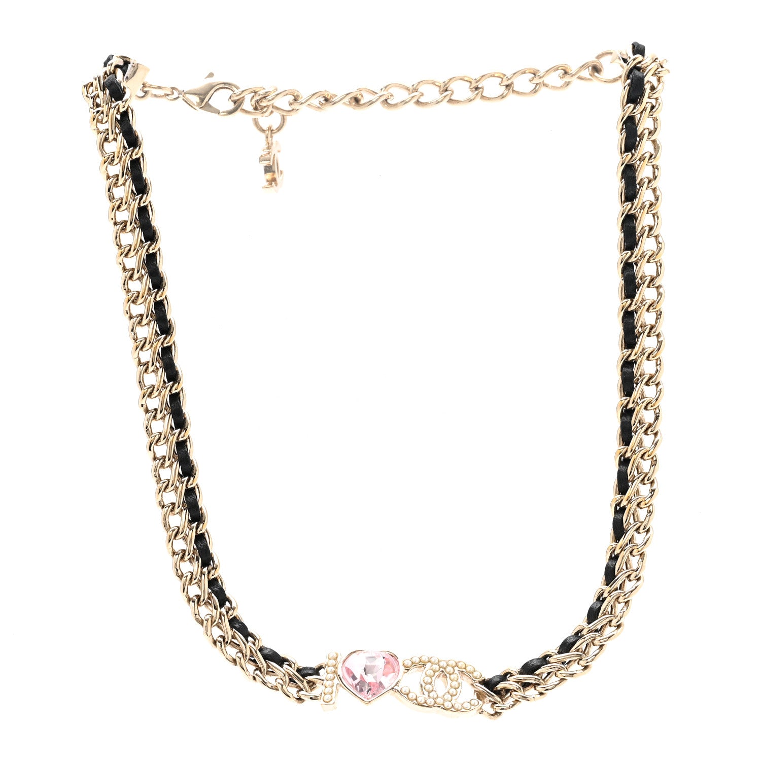 Chanel Metal Lambskin Crystal I Heart CC Choker Necklace Gold Black 3 of 6