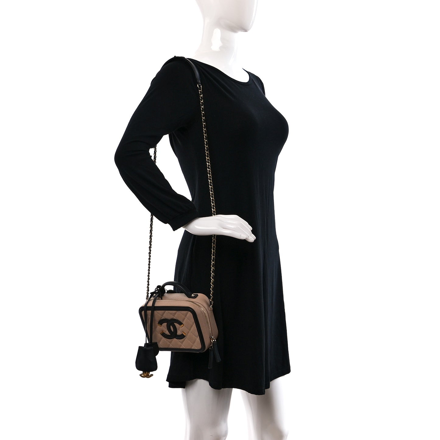 Caviar Quilted Small CC Filigree Vanity Case Beige Black