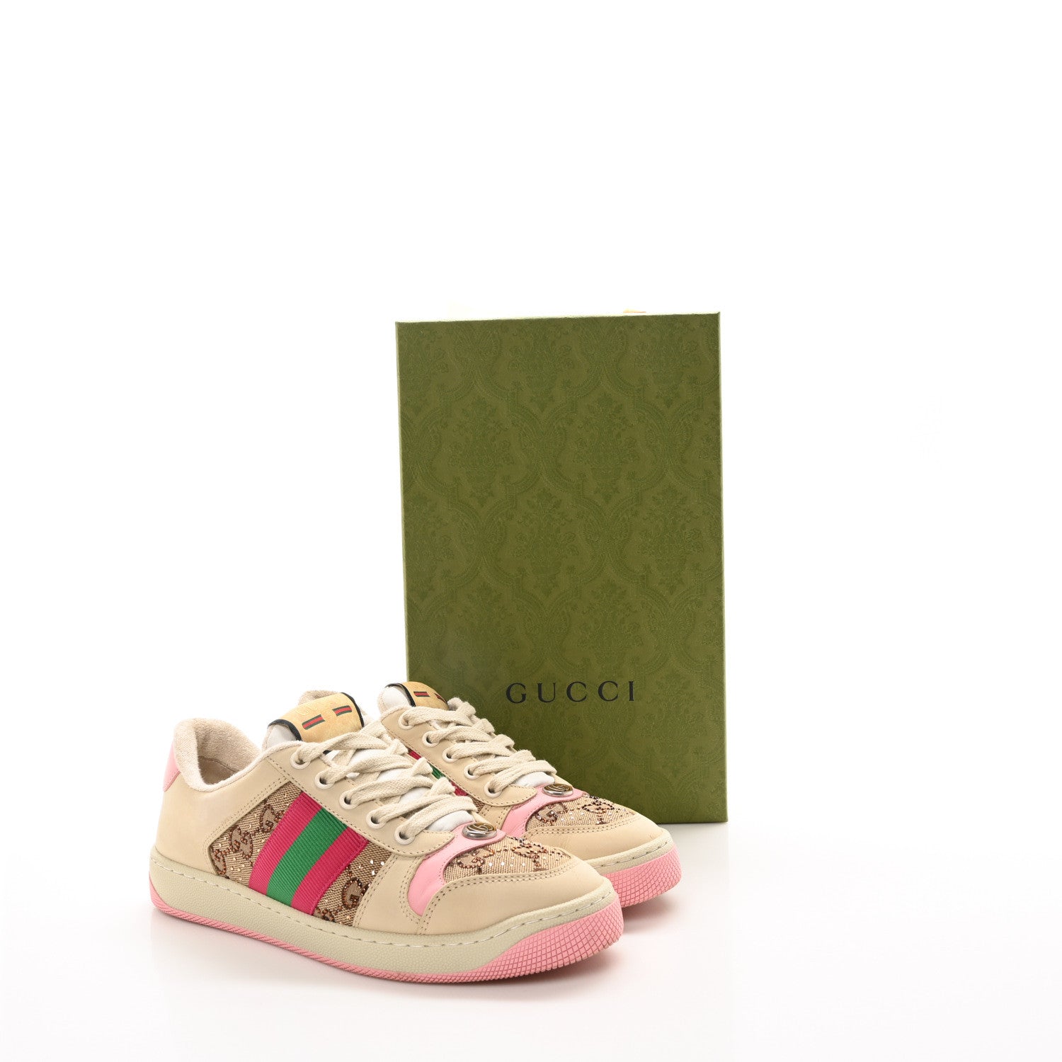 Gucci Calfskin GG Supreme Crystals Web Screener Sneakers  36 Camel Ebony Wild Rose 9 of 9
