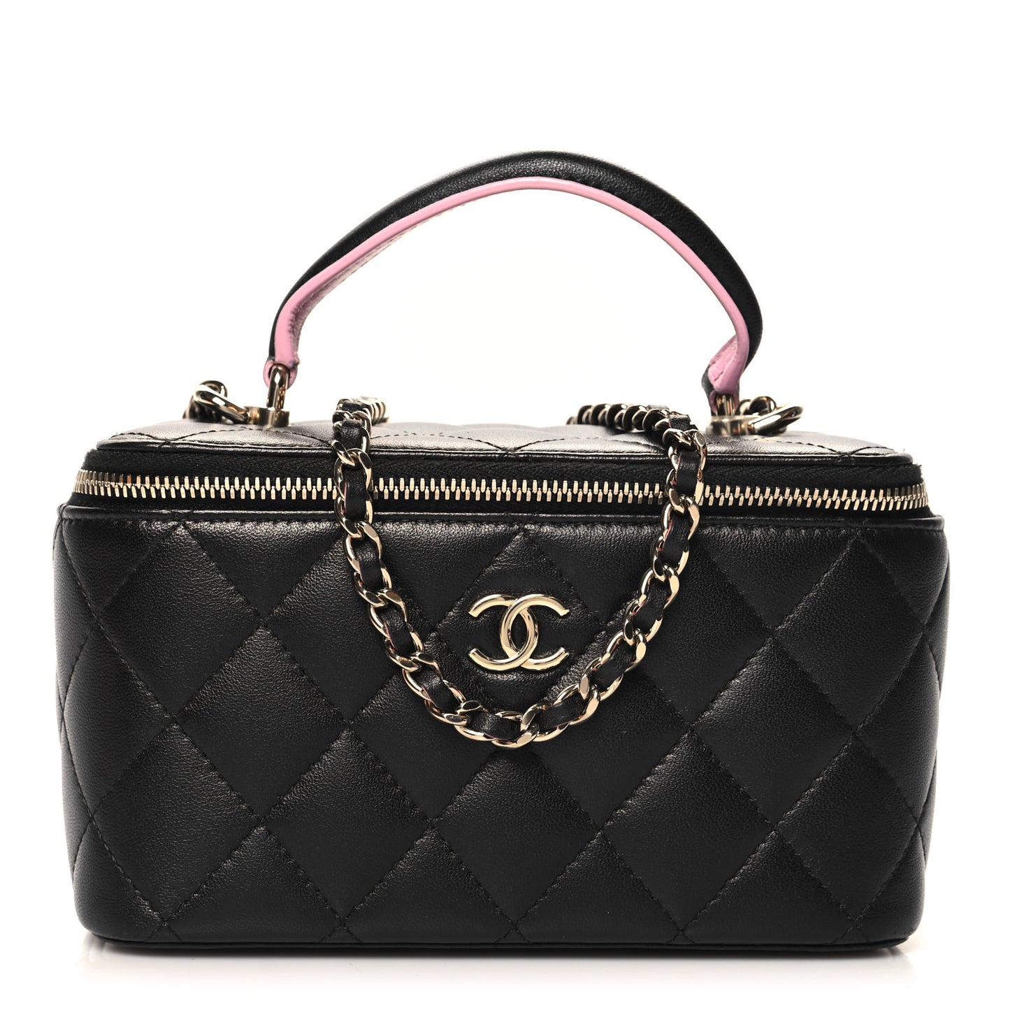 Lambskin Quilted Small Top Handle Vanity Case With Chain Black Lilac