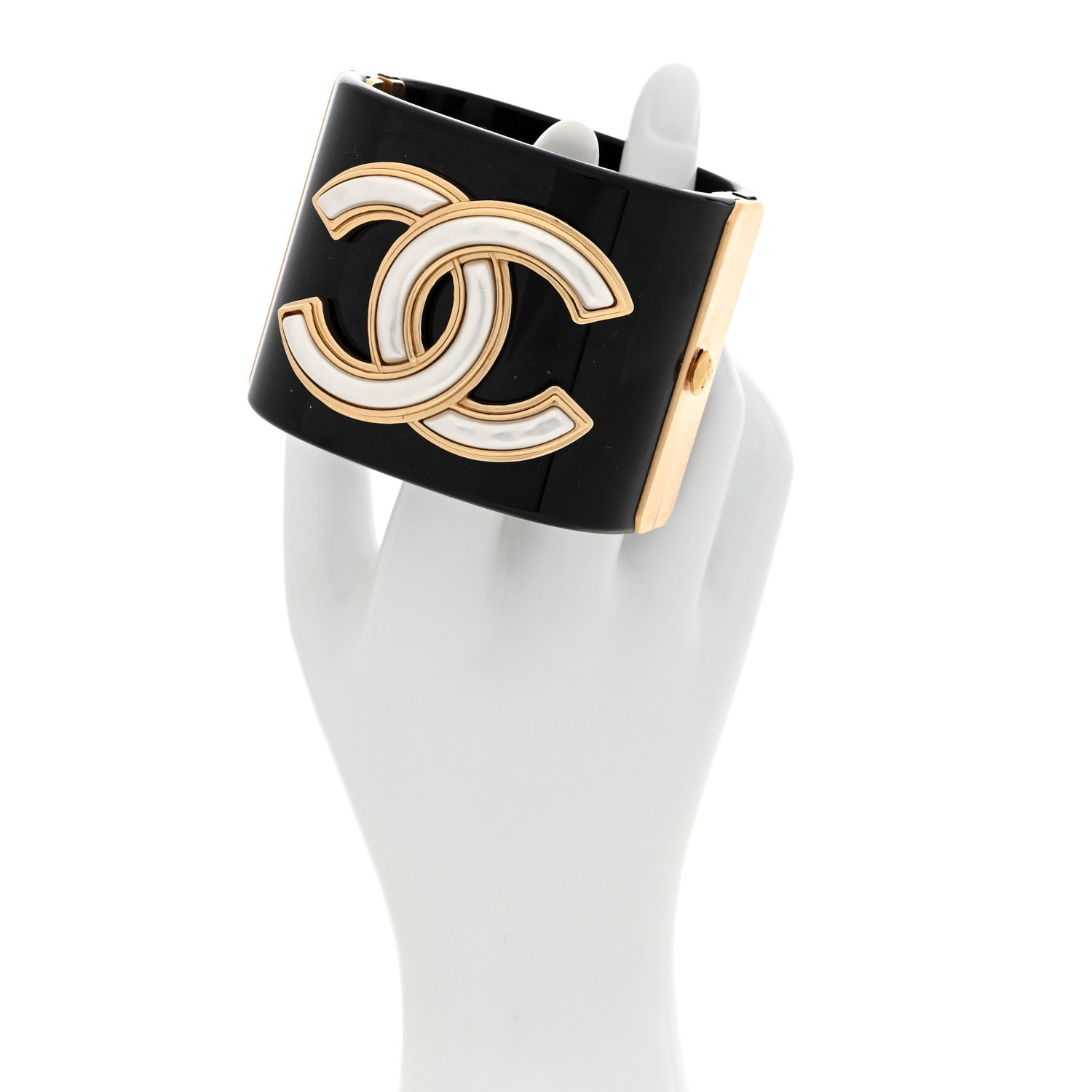 Chanel Resin Pearl Enamel Oversized CC Cuff Bracelet Black Pearly White Gold 2 of 4