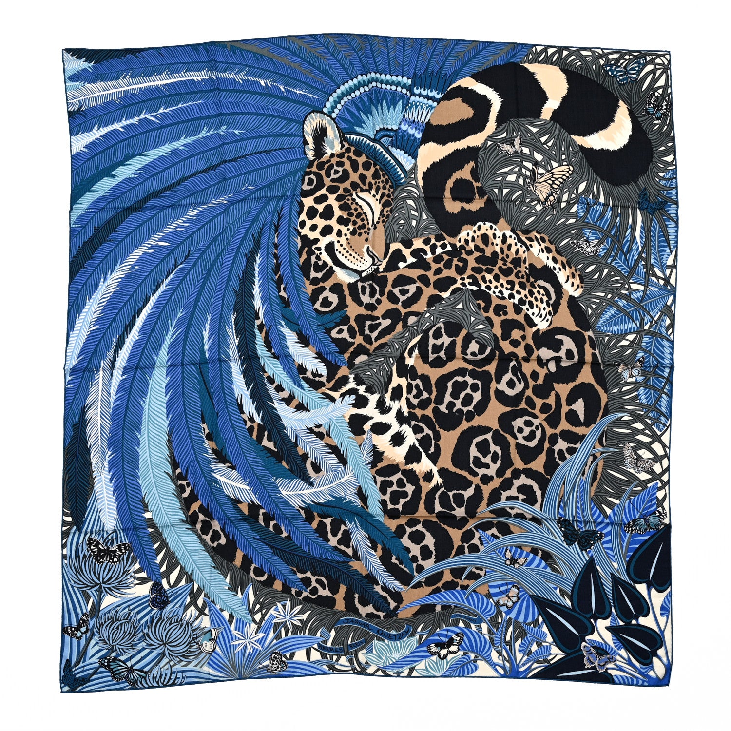 Hermes Cashmere Silk Jaguar Quetzal Shawl 140 Bleu Taupe Gris 1 of 4