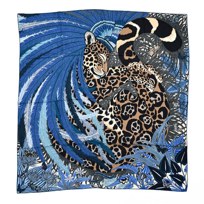Hermes Cashmere Silk Jaguar Quetzal Shawl 140 Bleu Taupe Gris 1 of 4