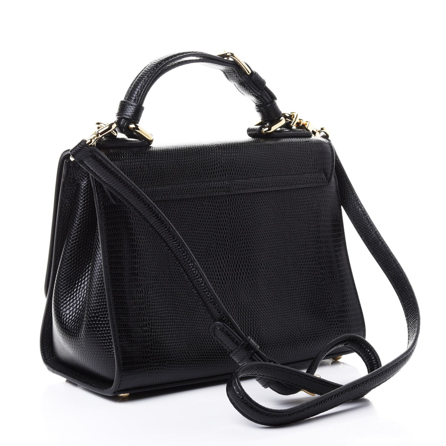 Lizard Calfskin Embossed Small Monica Top Handle Bag Black