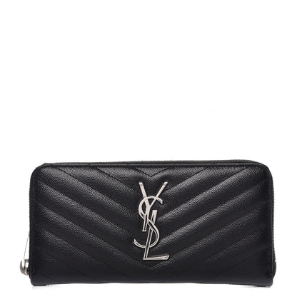 Saint Laurent Grain De Poudre Matelasse Chevron Monogram Zip Around Wallet Black 1 of 7