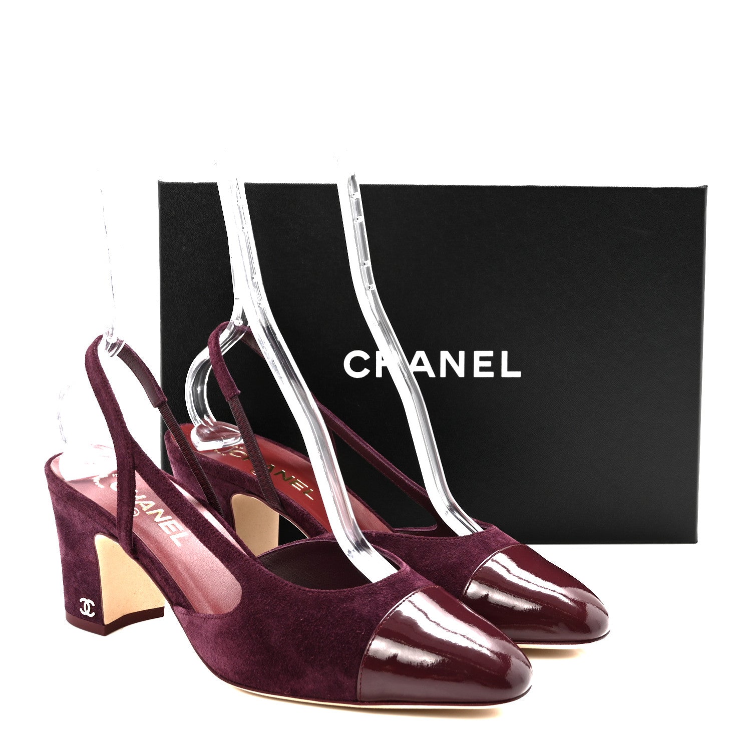 Chanel Suede Patent Cap Toe CC Slingback Pumps 40.5 Burgundy 10 of 10