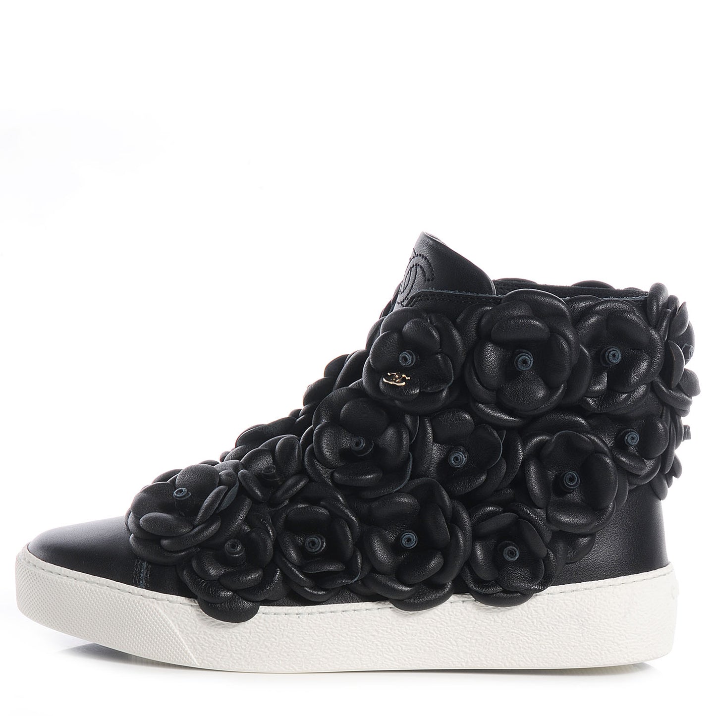 Calfskin Camellia High Top Sneakers 36 Black