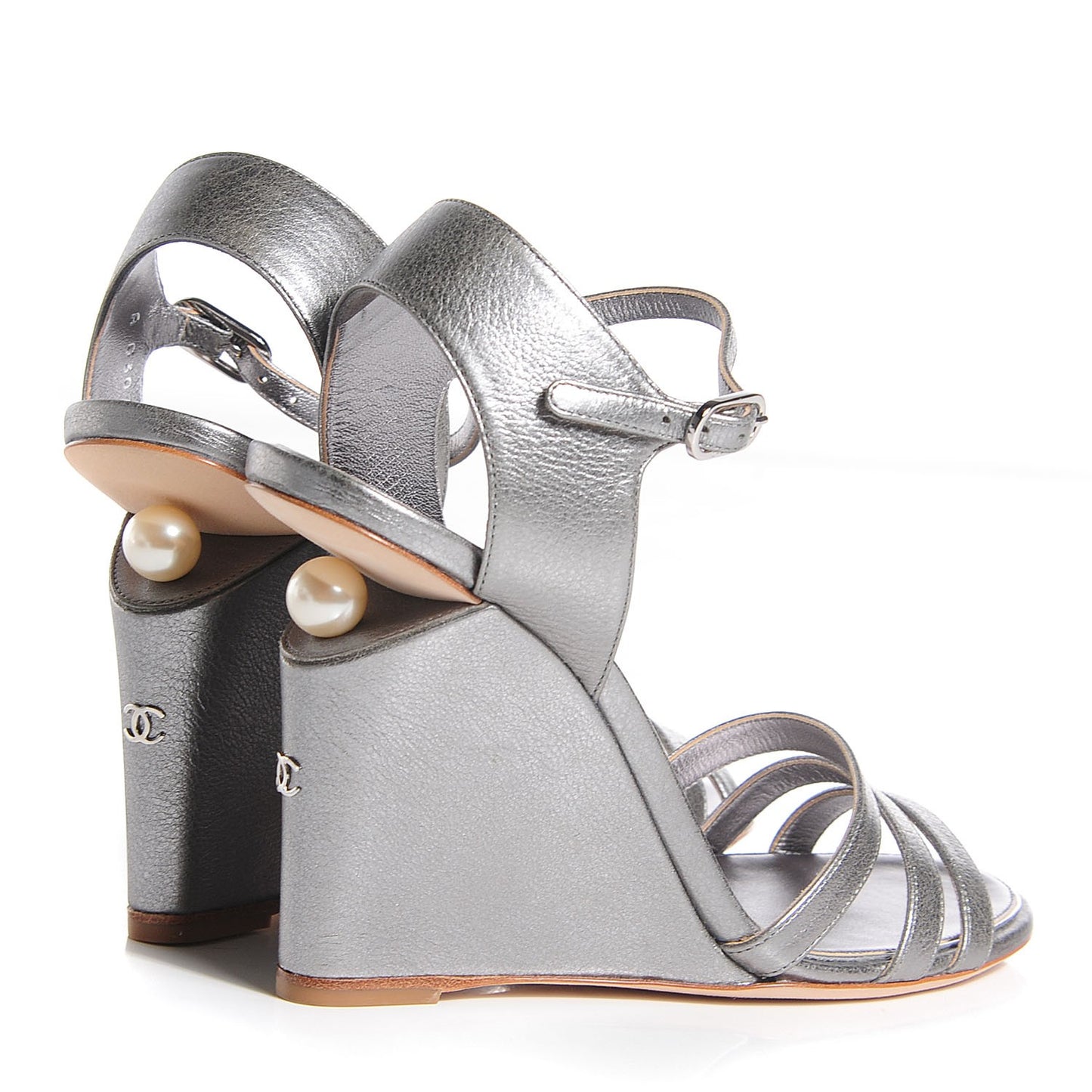 Metallic Calfskin Pearl Wedge Sandals 37.5 Dark Silver