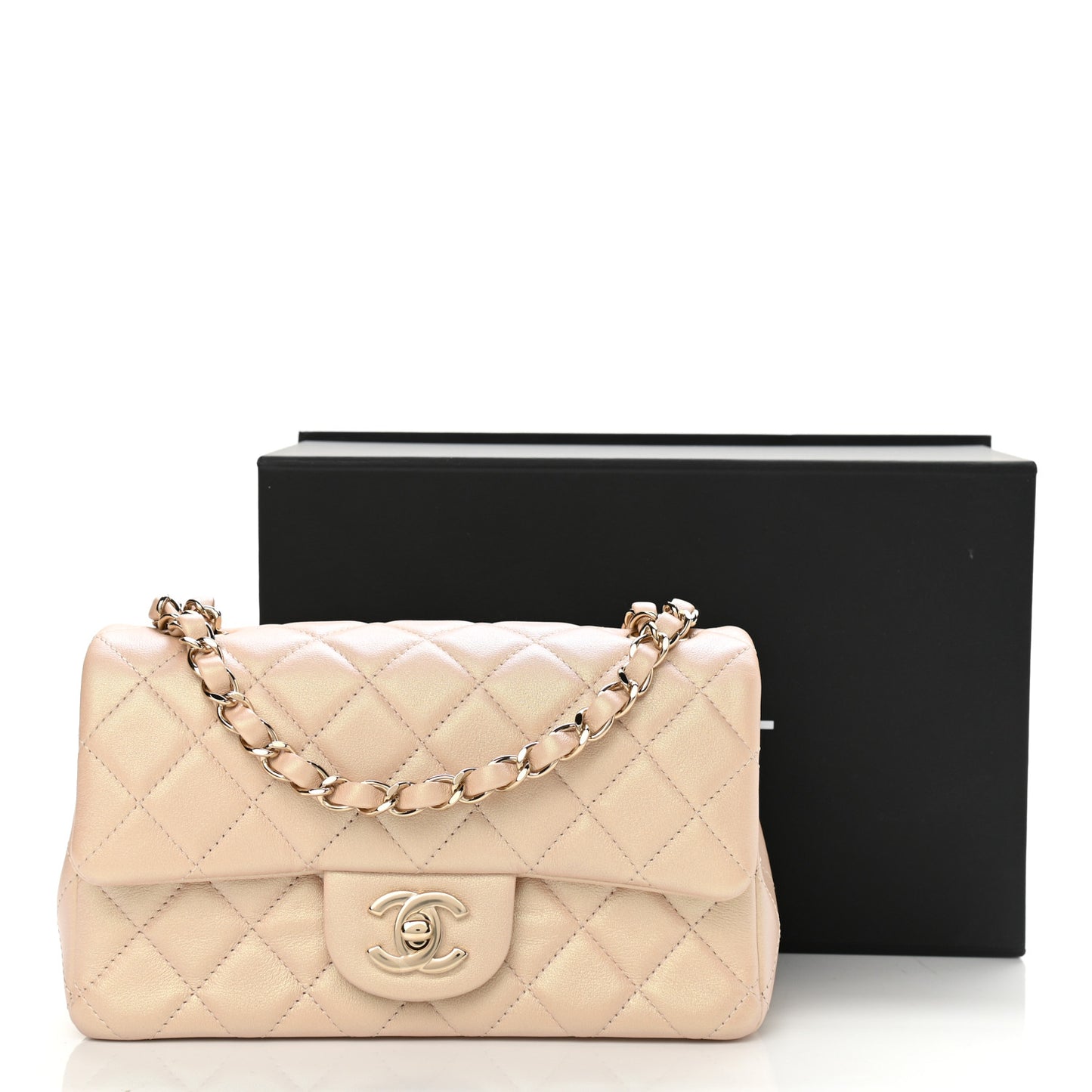 Iridescent Calfskin Quilted Mini Rectangular Flap Beige