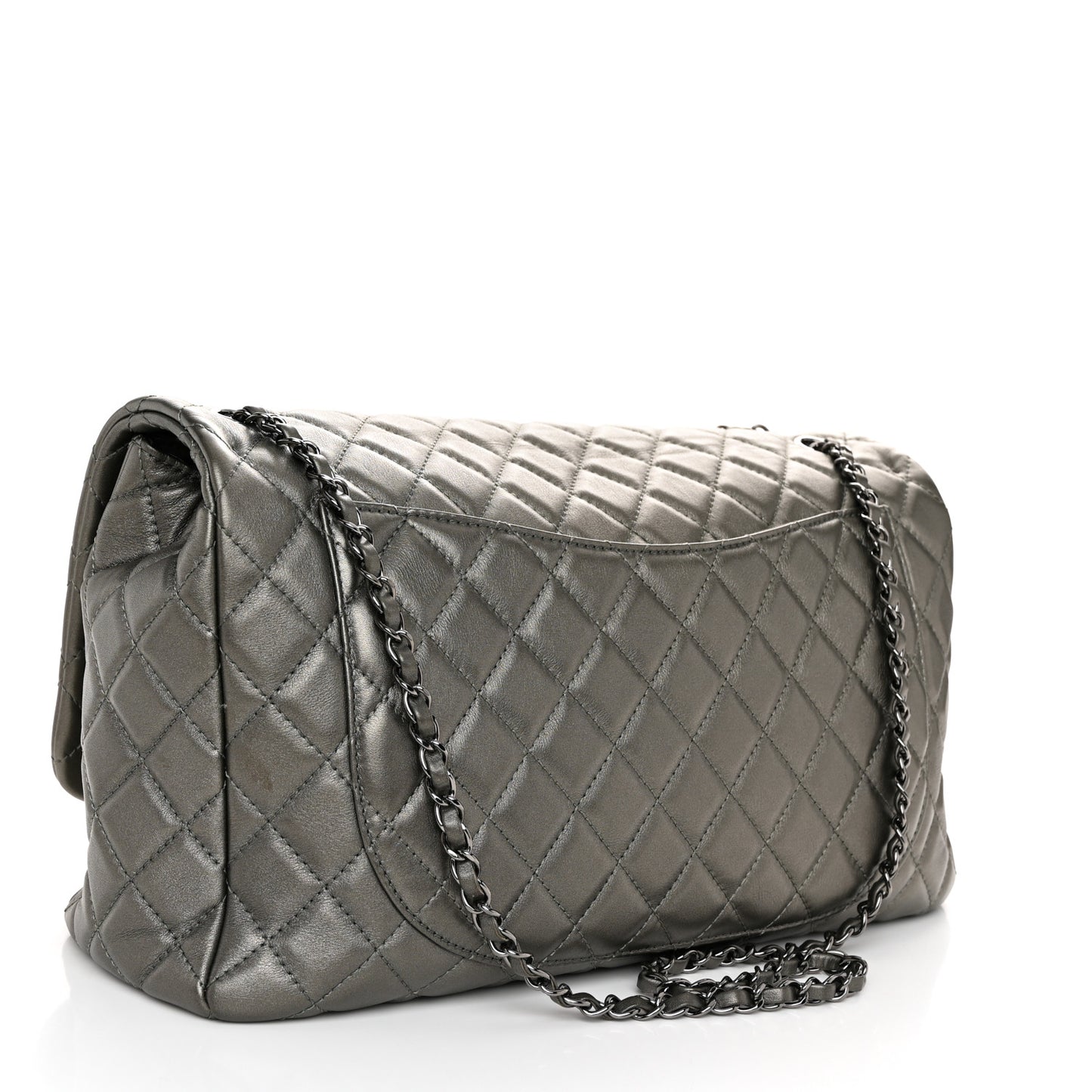 Metallic Calfskin Quilted Small XXL Travel Flap Bag Dark Silver