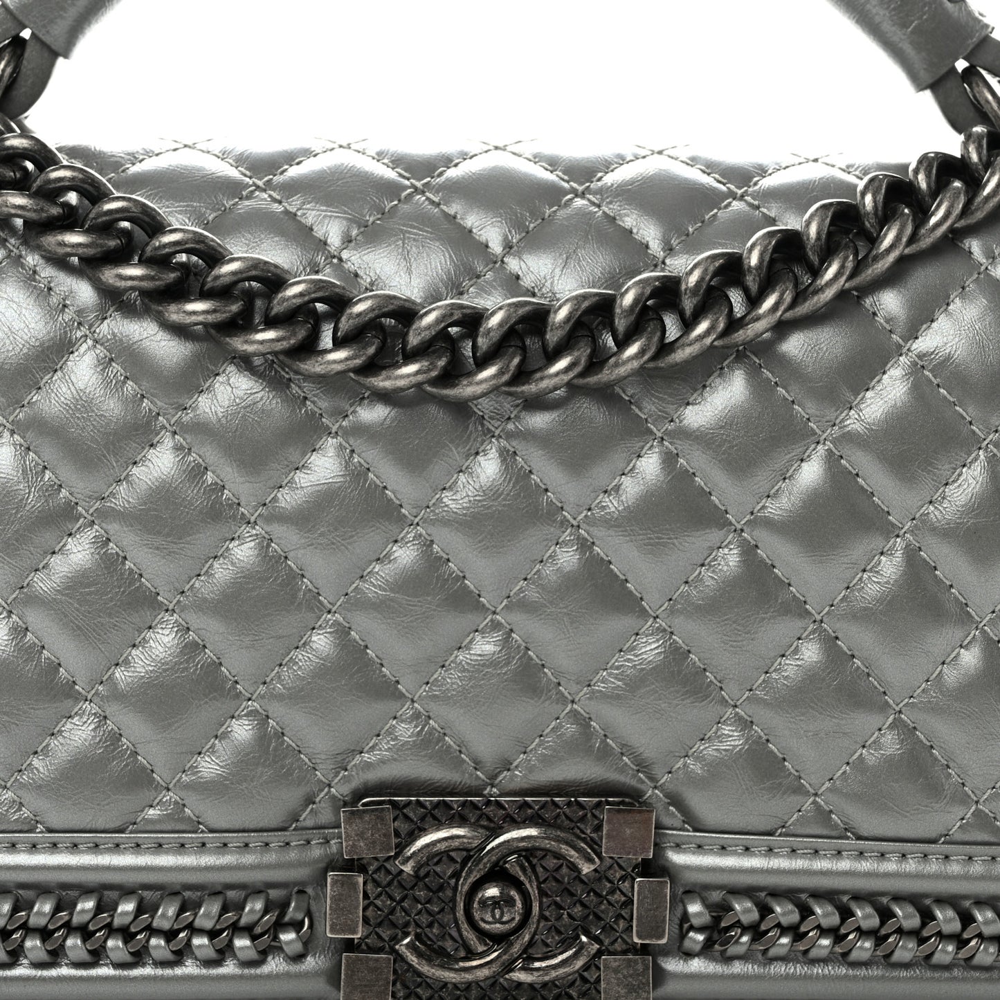 Metallic Aged Calfskin Quilted Medium Top Handle Boy Flap Silver