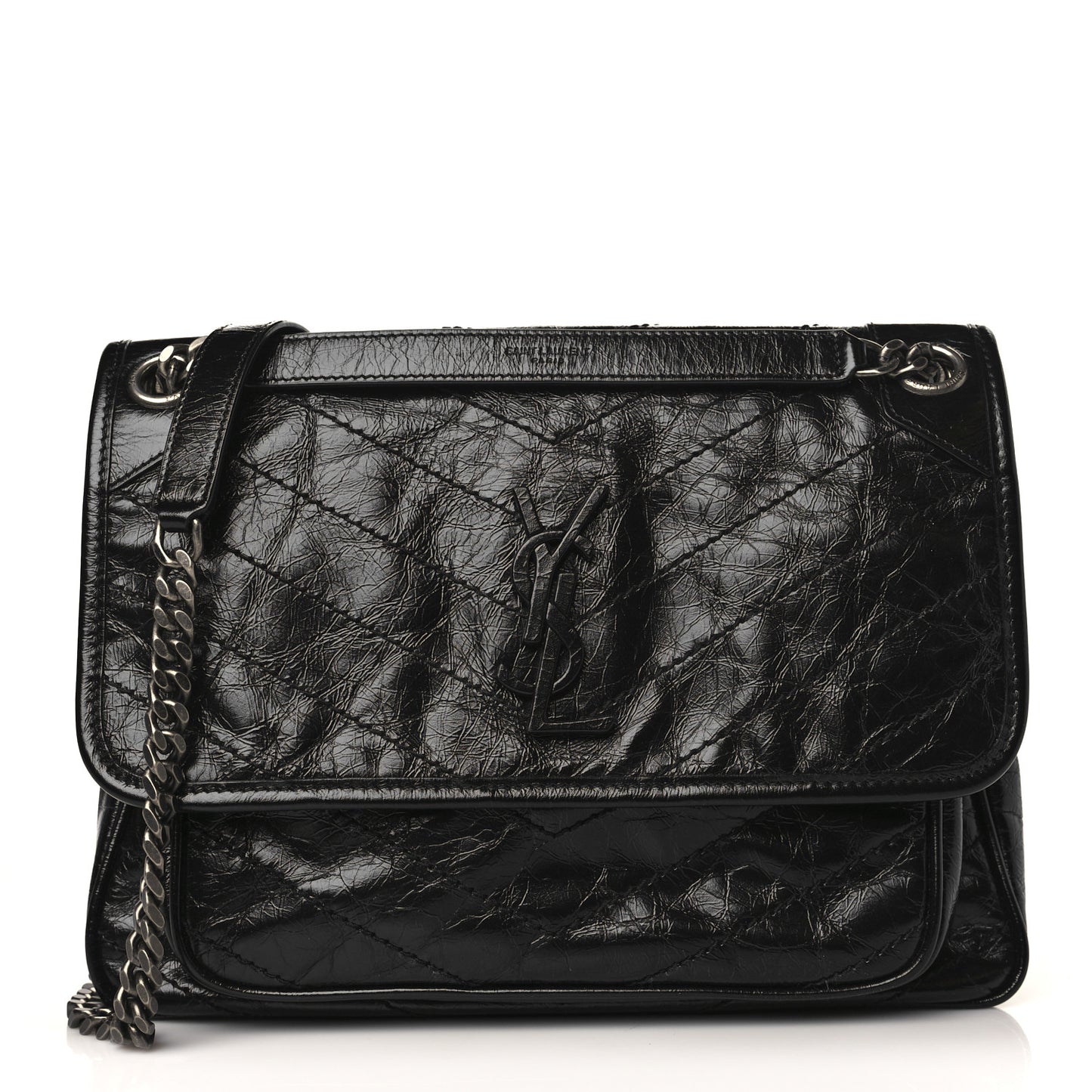 Crinkled Calfskin Matelasse Monogram Medium Niki Chain Satchel Black