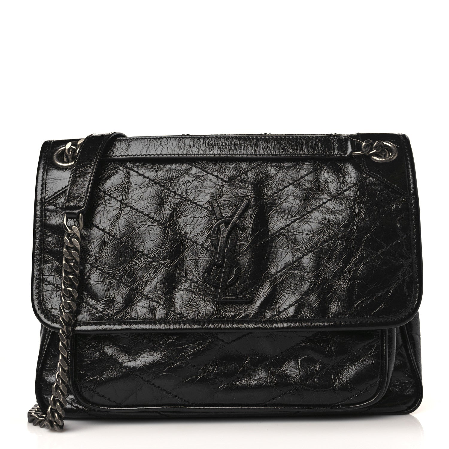 Saint Laurent Crinkled Calfskin Matelasse Monogram Medium Niki Chain Satchel Black 1 of 8