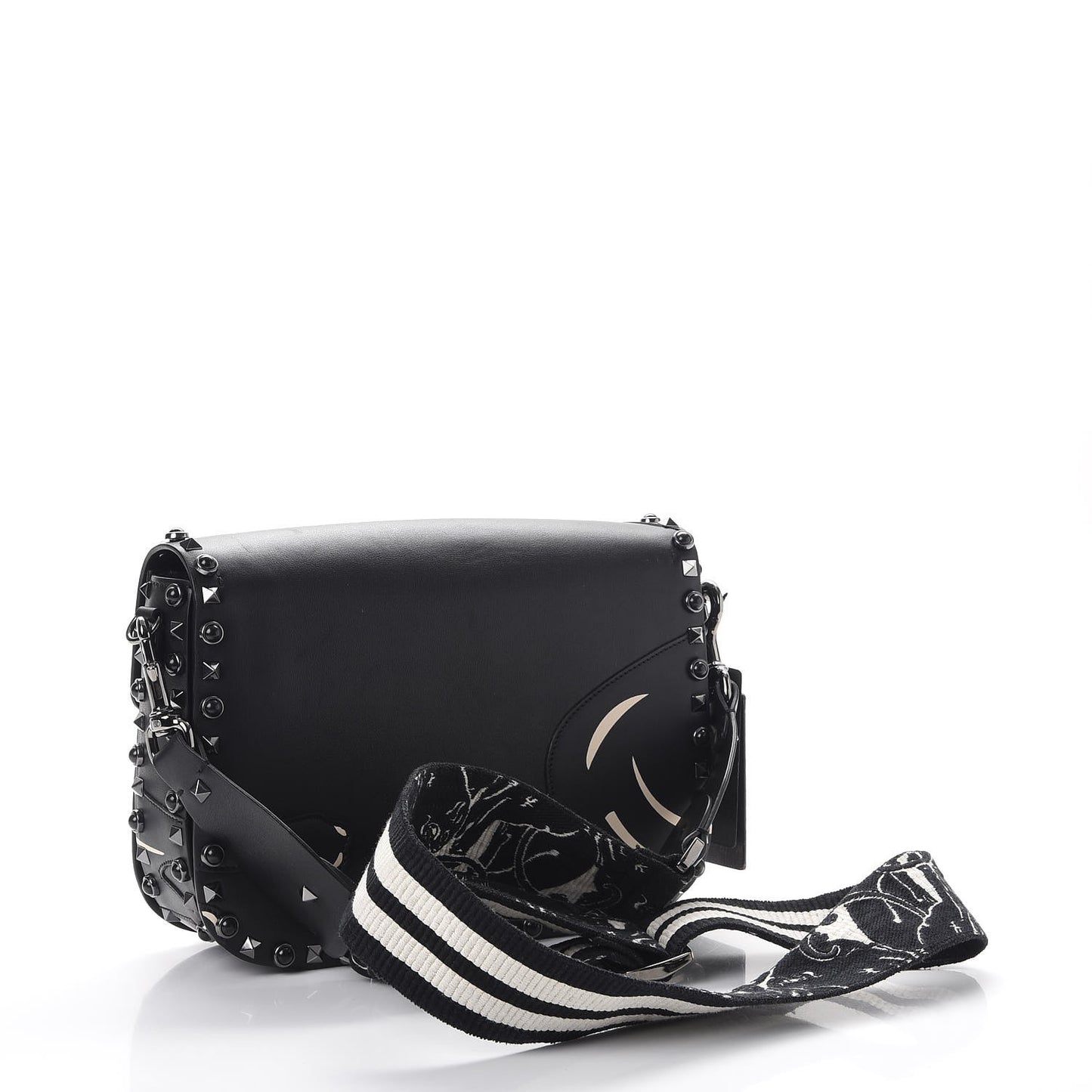 Calfskin Panther Medium Guitar Strap Rockstud Rolling Flap Saddle Bag Black