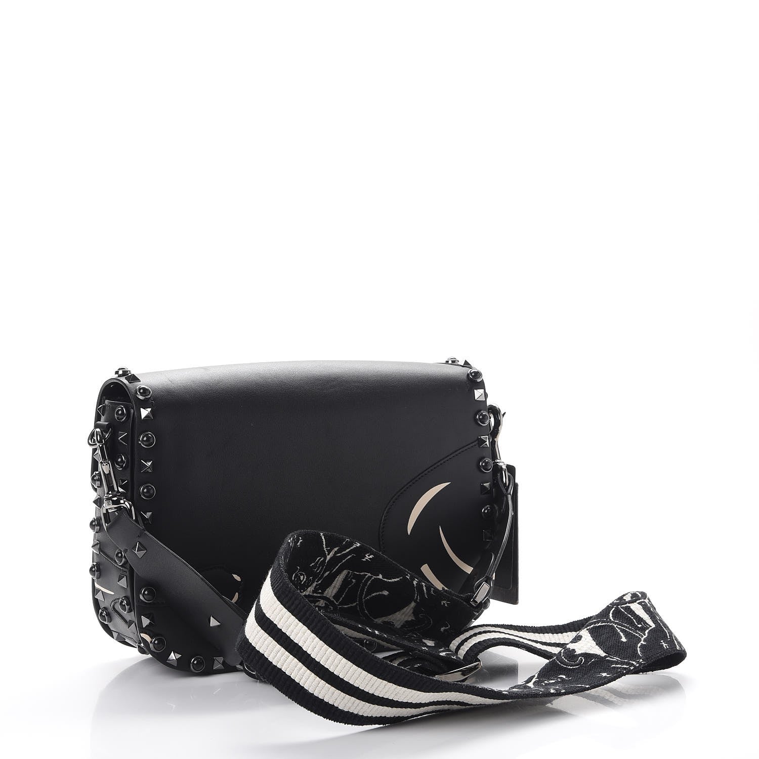 Valentino Garavani Calfskin Panther Medium Guitar Strap Rockstud Rolling Flap Saddle Bag Black 3 of 8