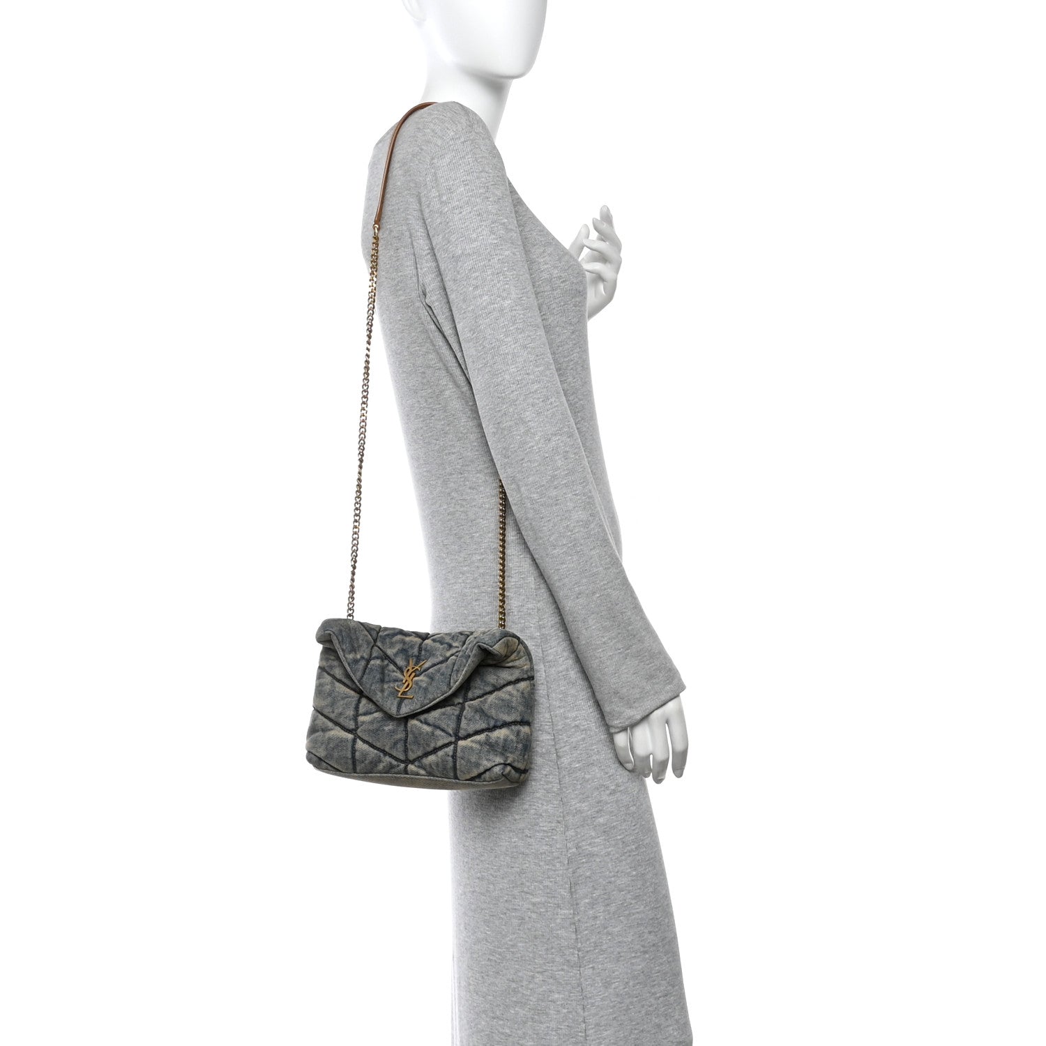 Saint Laurent Denim Quilted Toy Loulou Puffer Monogram Chain Satchel Blue Cinnamon 2 of 10