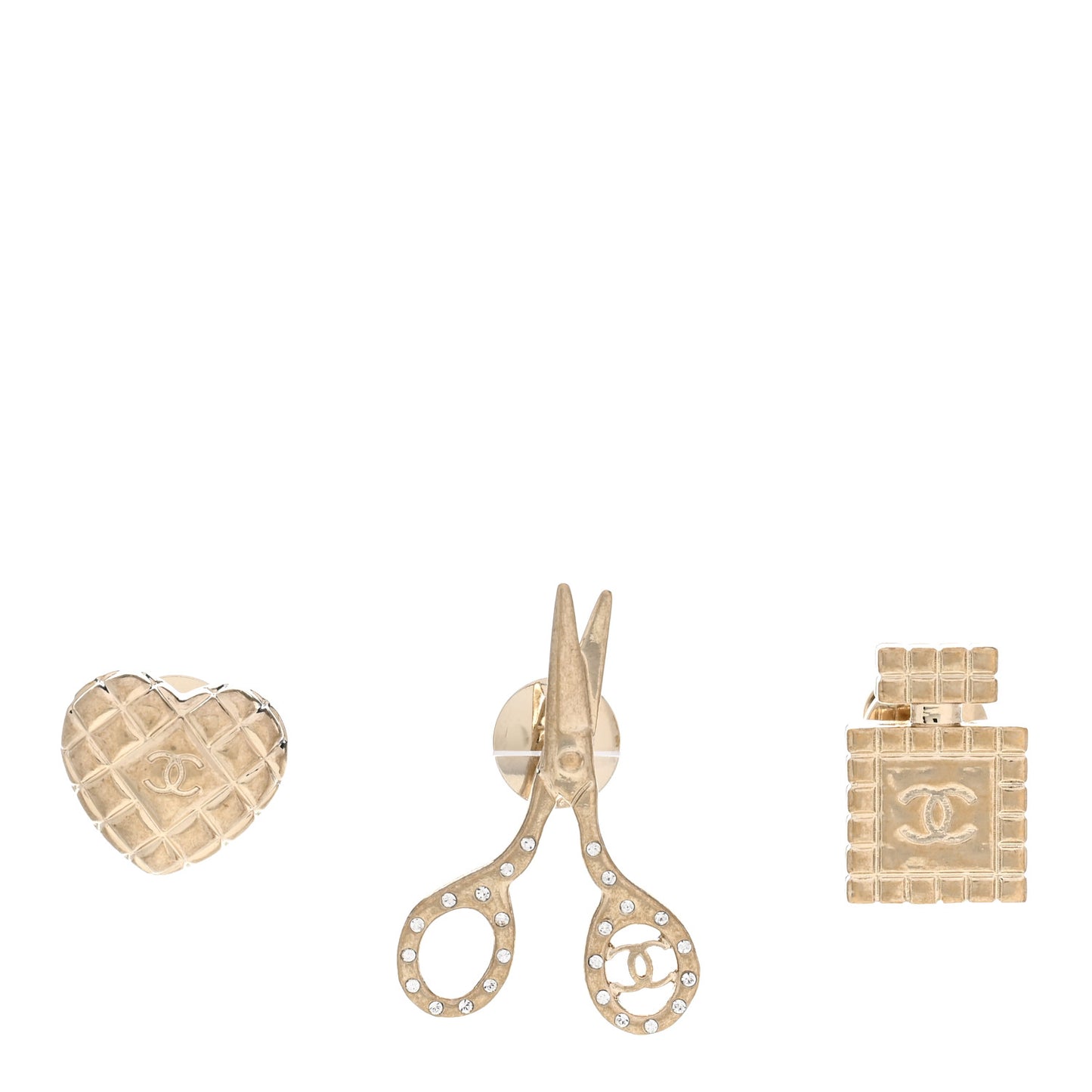 Metal Strass Crystal Quilted CC Heart Scissors Perfume Brooch Set Gold