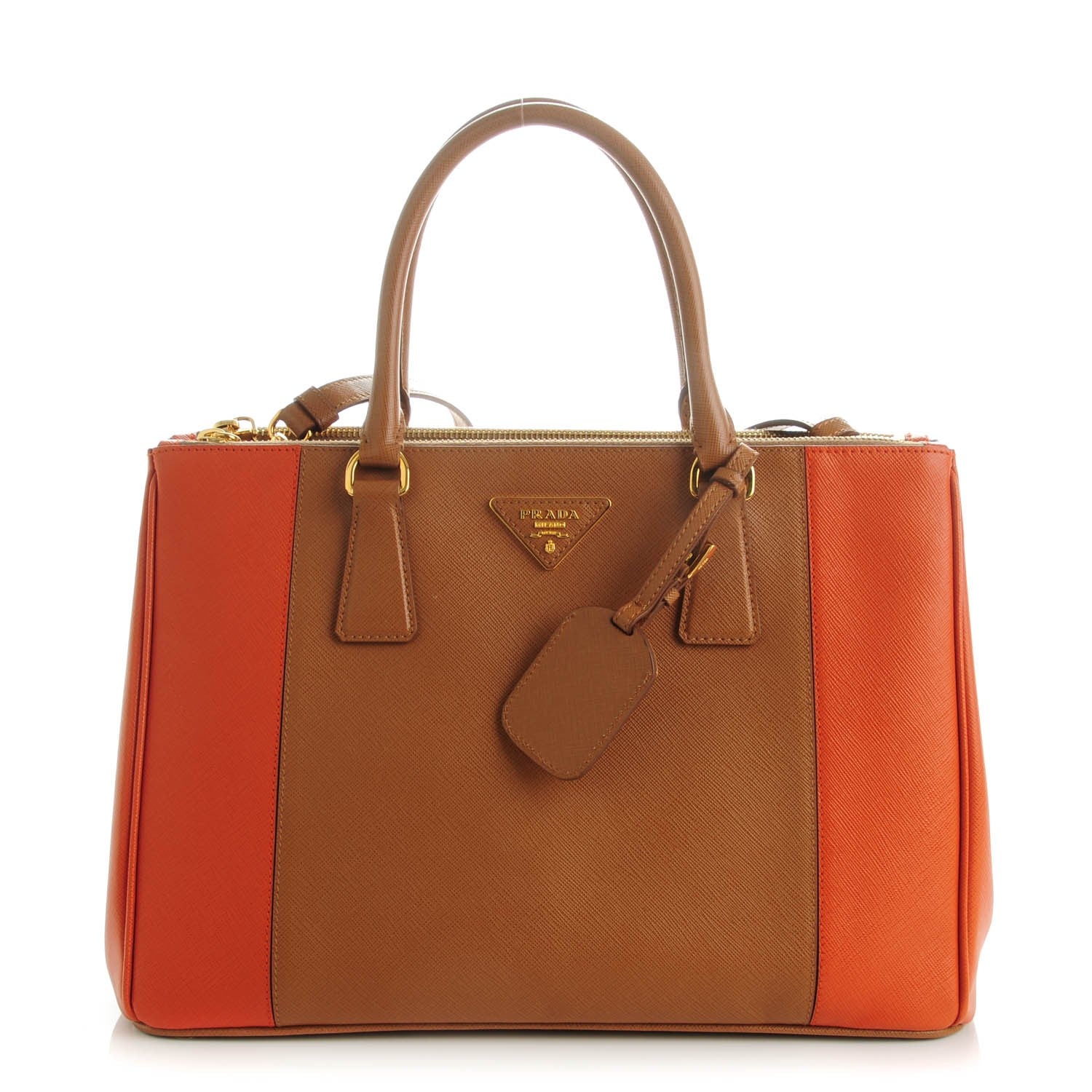 Prada Saffiano Lux Colorblock Medium Galleria Double Zip Tote Caramel Papaya 1 of 8