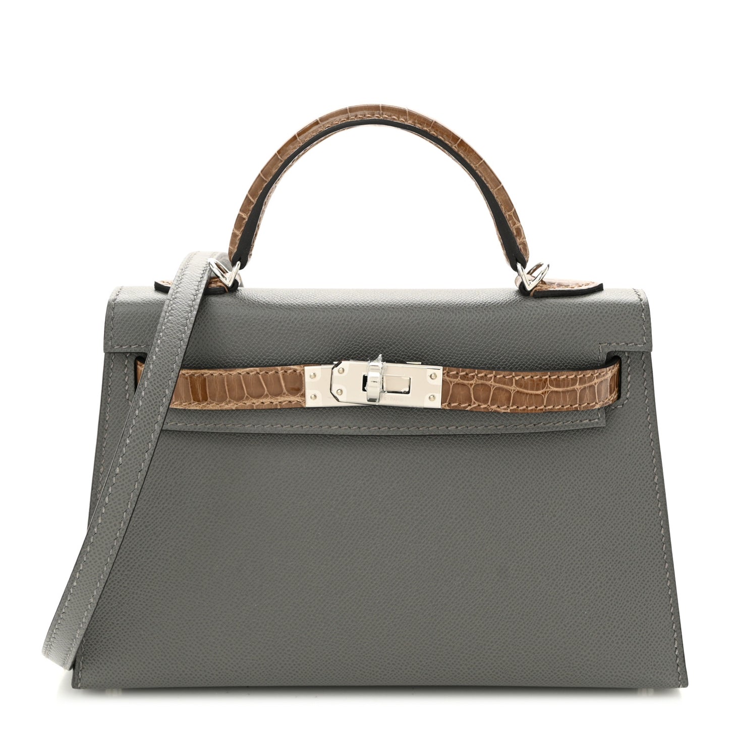 Madame Calfskin Shiny Alligator Mini Kelly Sellier Touch 20 Gris Meyer Ficelle