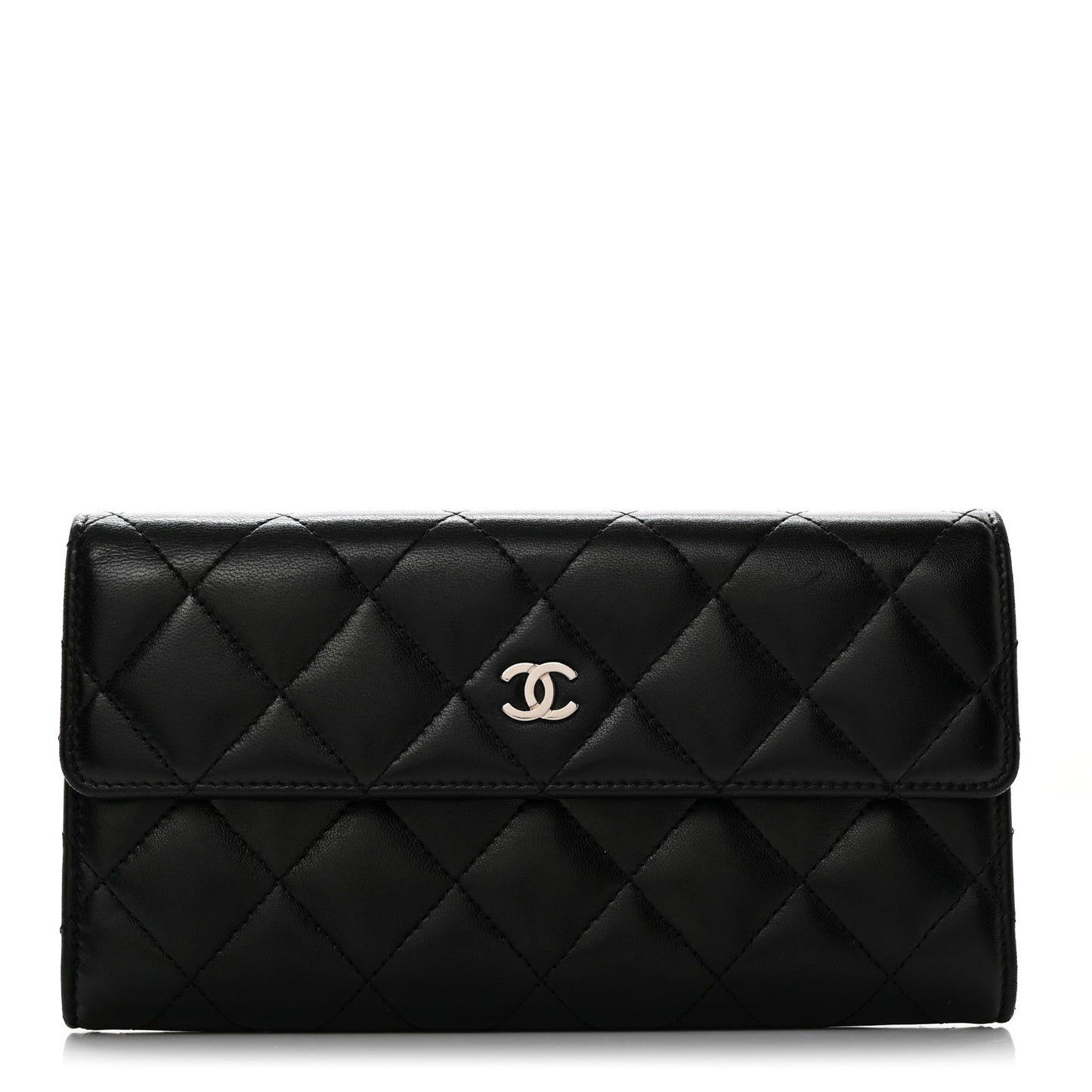 Lambskin Quilted Large Gusset Flap Wallet Black