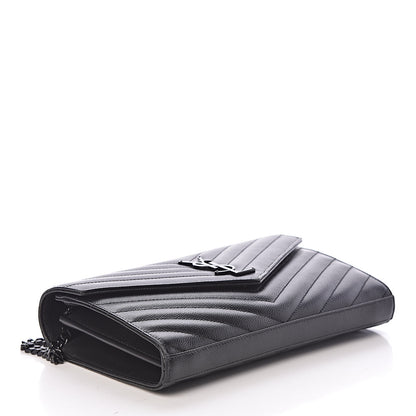 Saint Laurent Grain De Poudre Matelasse Chevron Monogram Chain Wallet Black 4 of 9