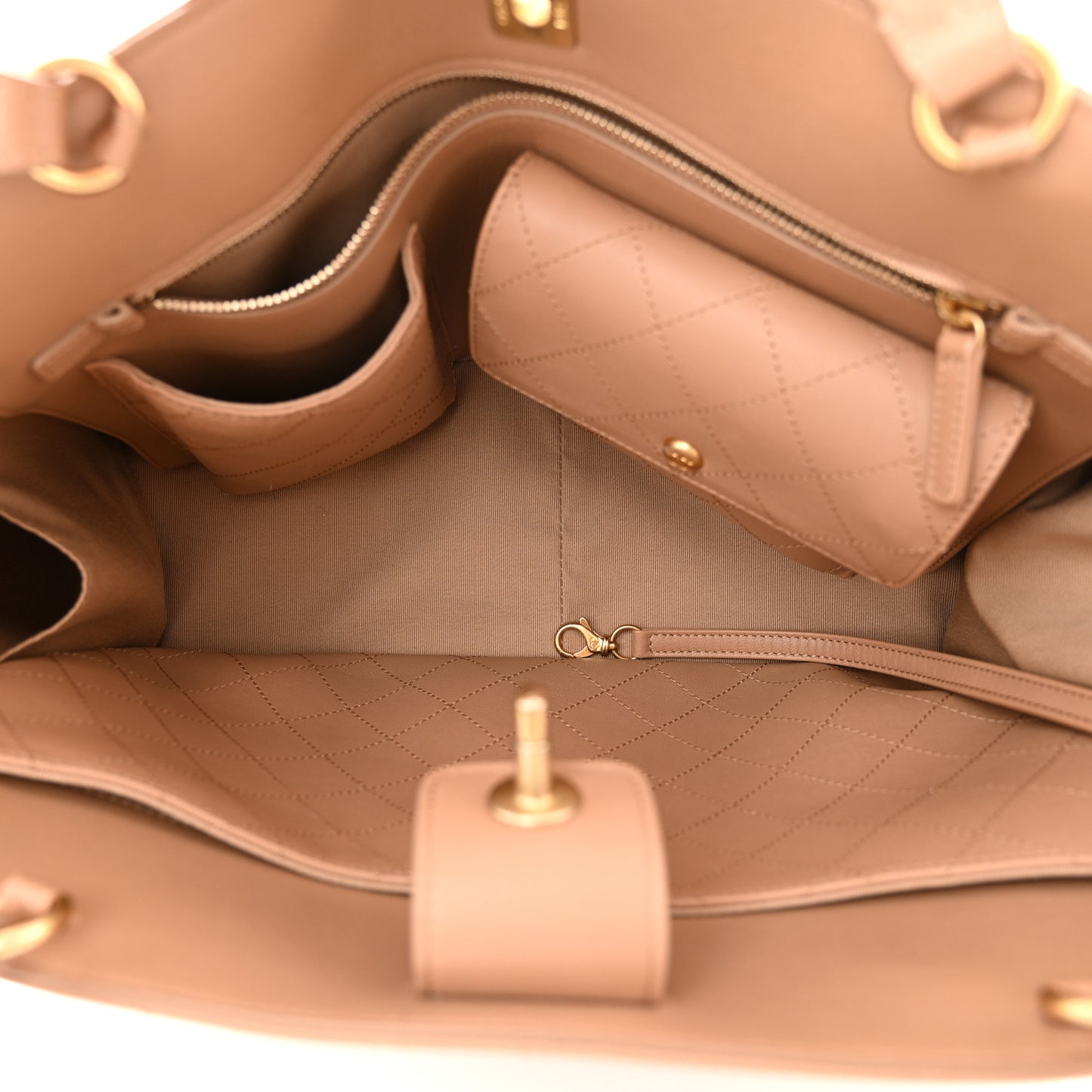 Calfskin Quilted Chain Shopping Tote Beige