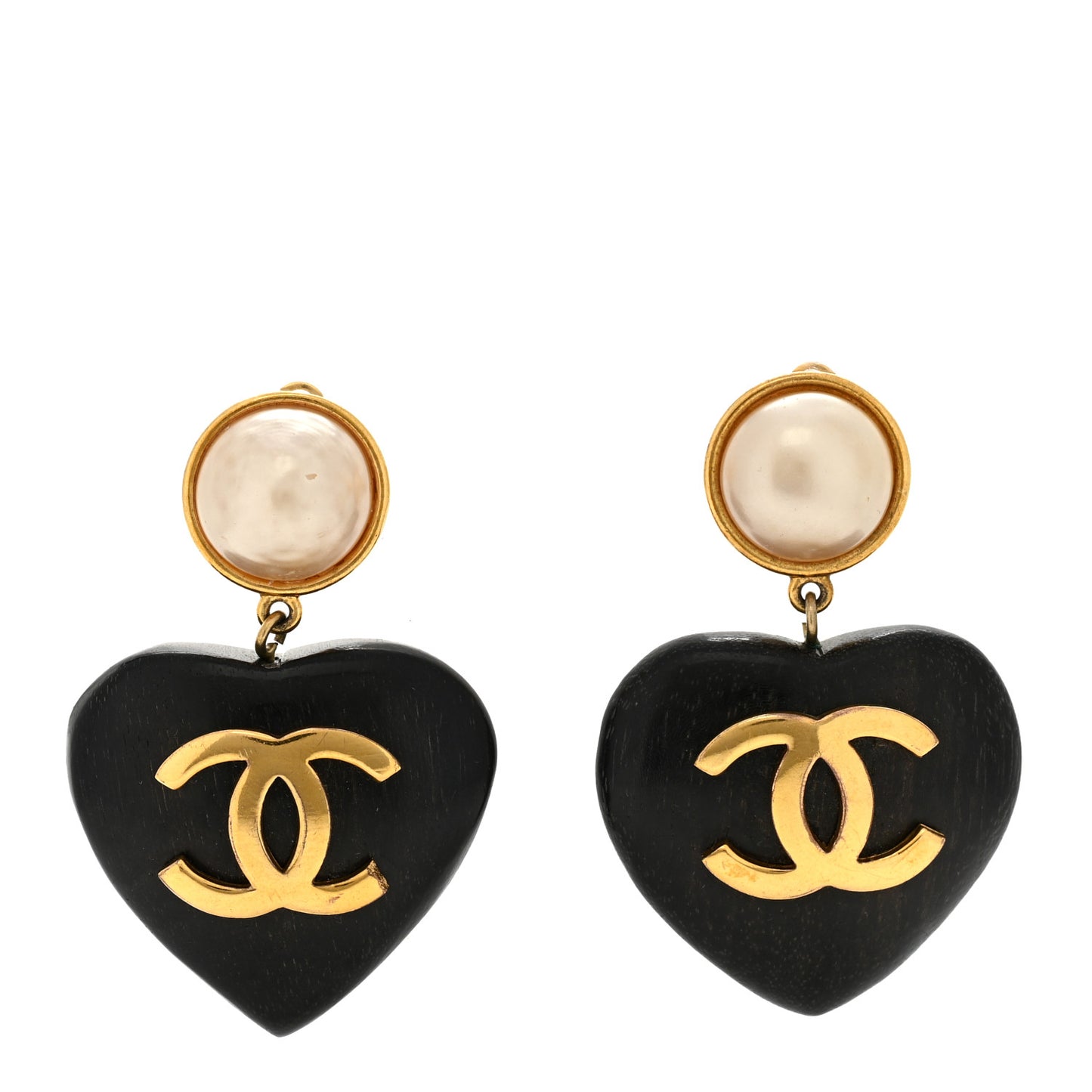 Wood Pearl CC Heart Drop Clip On Earrings Gold