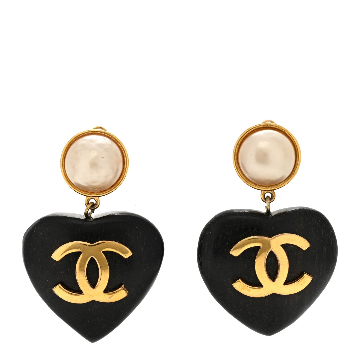 Chanel Wood Pearl CC Heart Drop Clip On Earrings Gold 1 of 4
