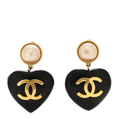 Chanel Wood Pearl CC Heart Drop Clip On Earrings Gold 1 of 4