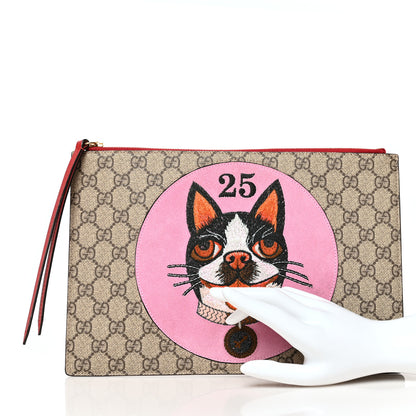 Gucci GG Supreme Monogram Bosco Patch Zip Pouch Beige Malva Hibiscus Red 2 of 9
