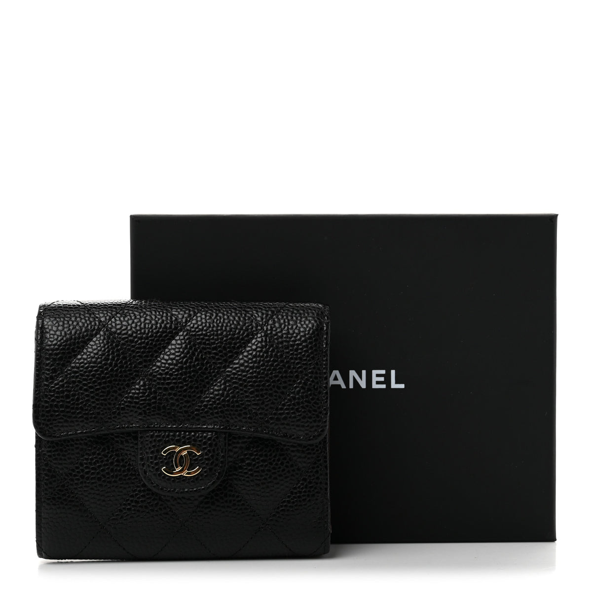 Caviar Quilted Compact Flap Wallet Black
