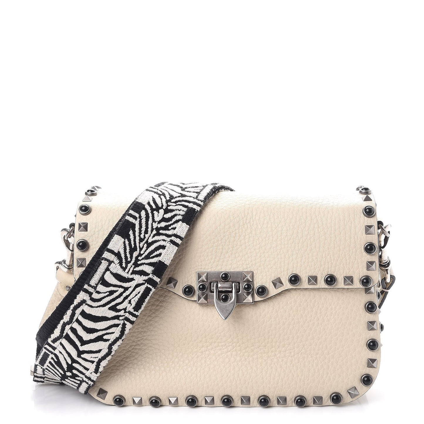 Pebbled Calfskin Onyx Medium Guitar Strap Rockstud Rolling Flap Saddle Bag Ivory
