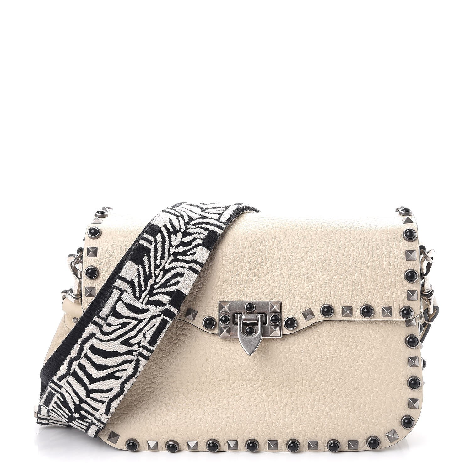 Valentino Garavani Pebbled Calfskin Onyx Medium Guitar Strap Rockstud Rolling Flap Saddle Bag Ivory 1 of 9