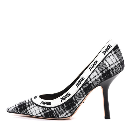Christian Dior Canvas Ribbon Tartan Print Embroidered J'Adior 100mm Pumps 38 Black Off White 1 of 9