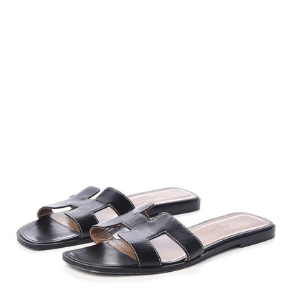 Hermes Box Calfskin Oran Sandals 39 Black 3 of 9