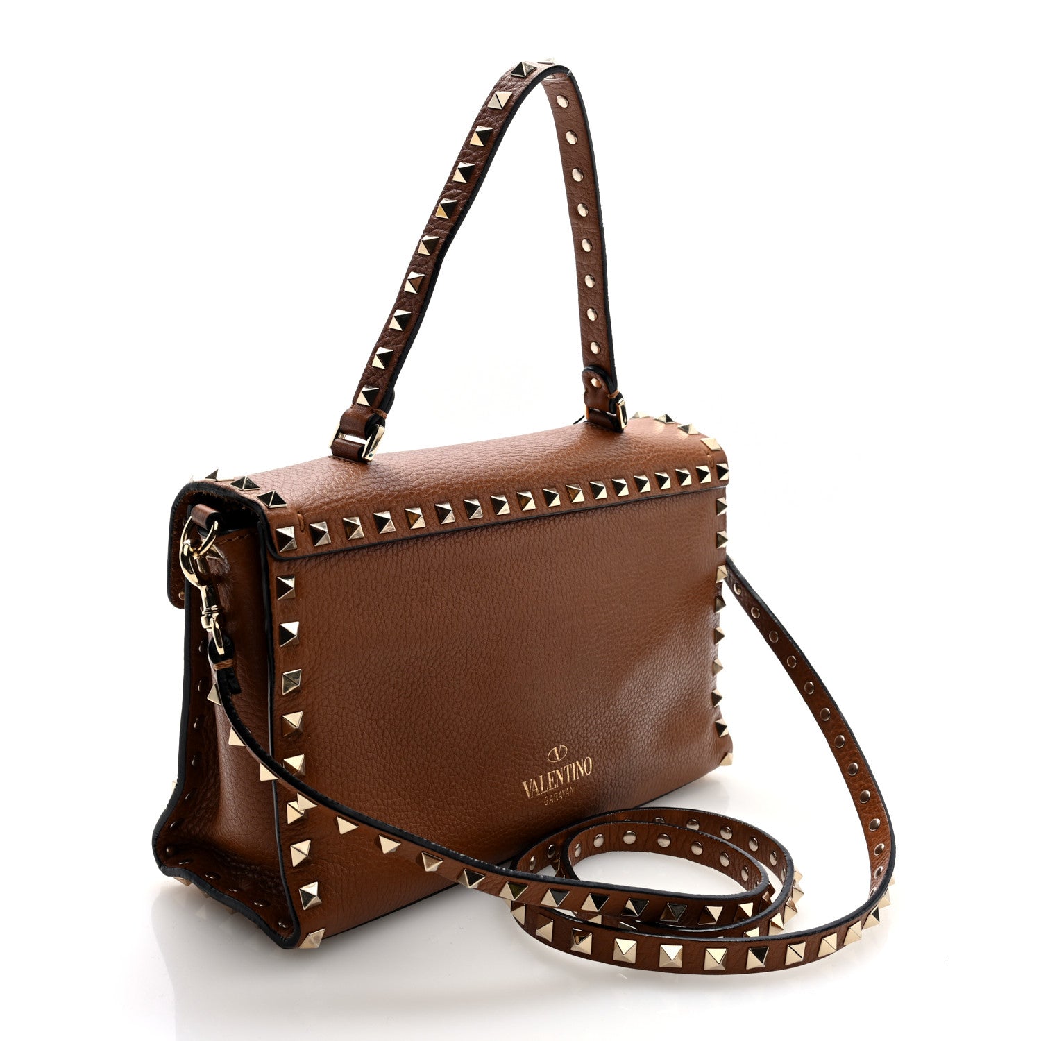 Valentino Garavani Pebbled Calfskin Rockstud Flip Lock Top Handle Bag Cognac 3 of 9