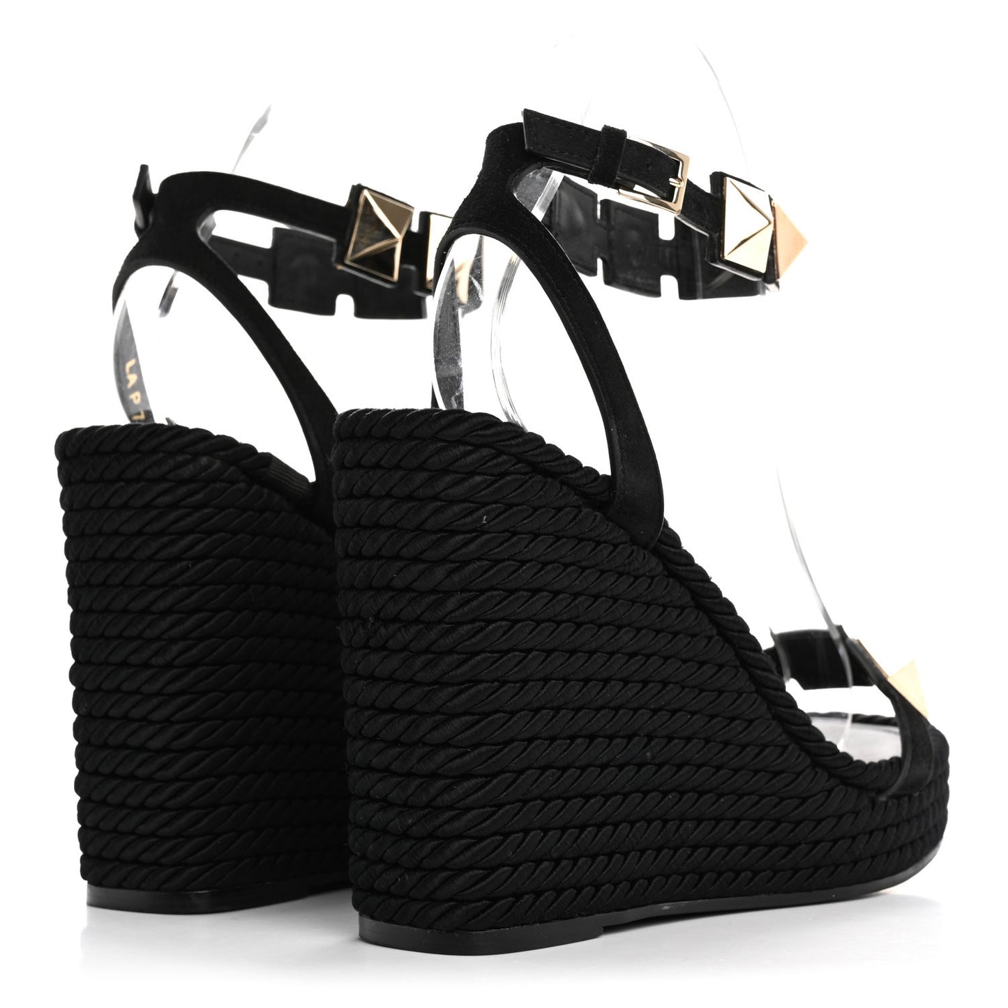 Suede Calfskin Roman Stud Espadrille Wedge Ankle Wrap Sandals 38 Black