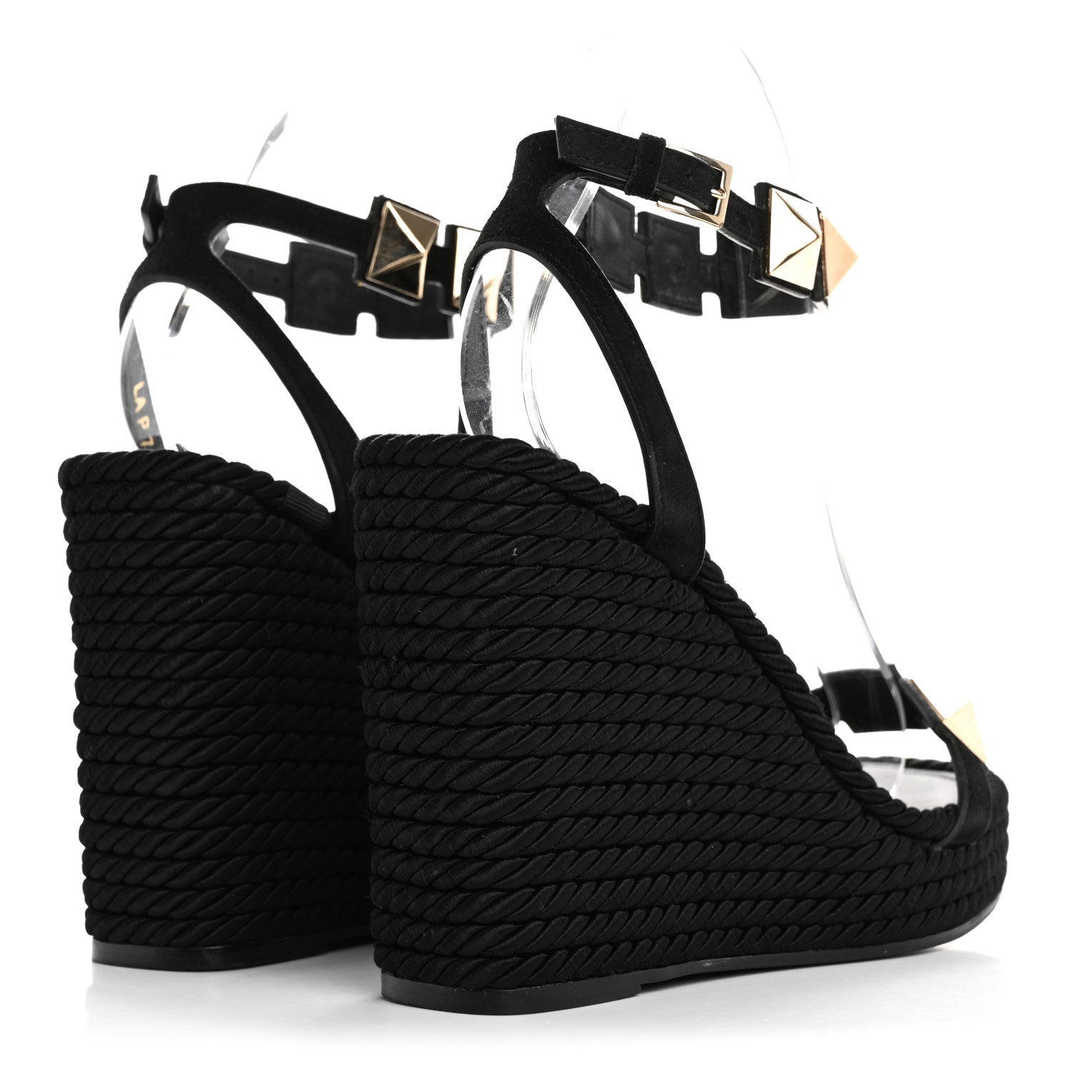 Valentino Garavani Suede Calfskin Roman Stud Espadrille Wedge Ankle Wrap Sandals 38 Black 5 of 12
